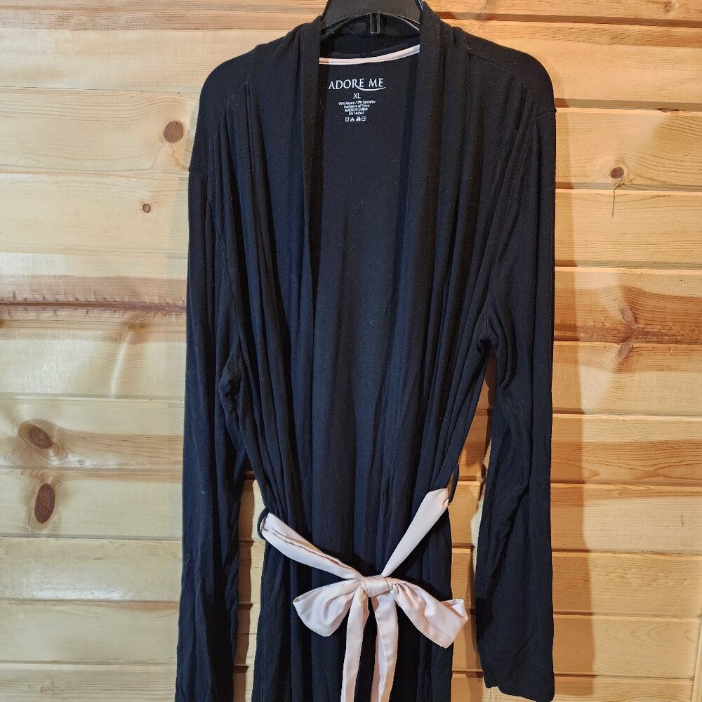 Adore Me Black Robe XL with Blush Satin Tie • Soft Lounge Sleepwear